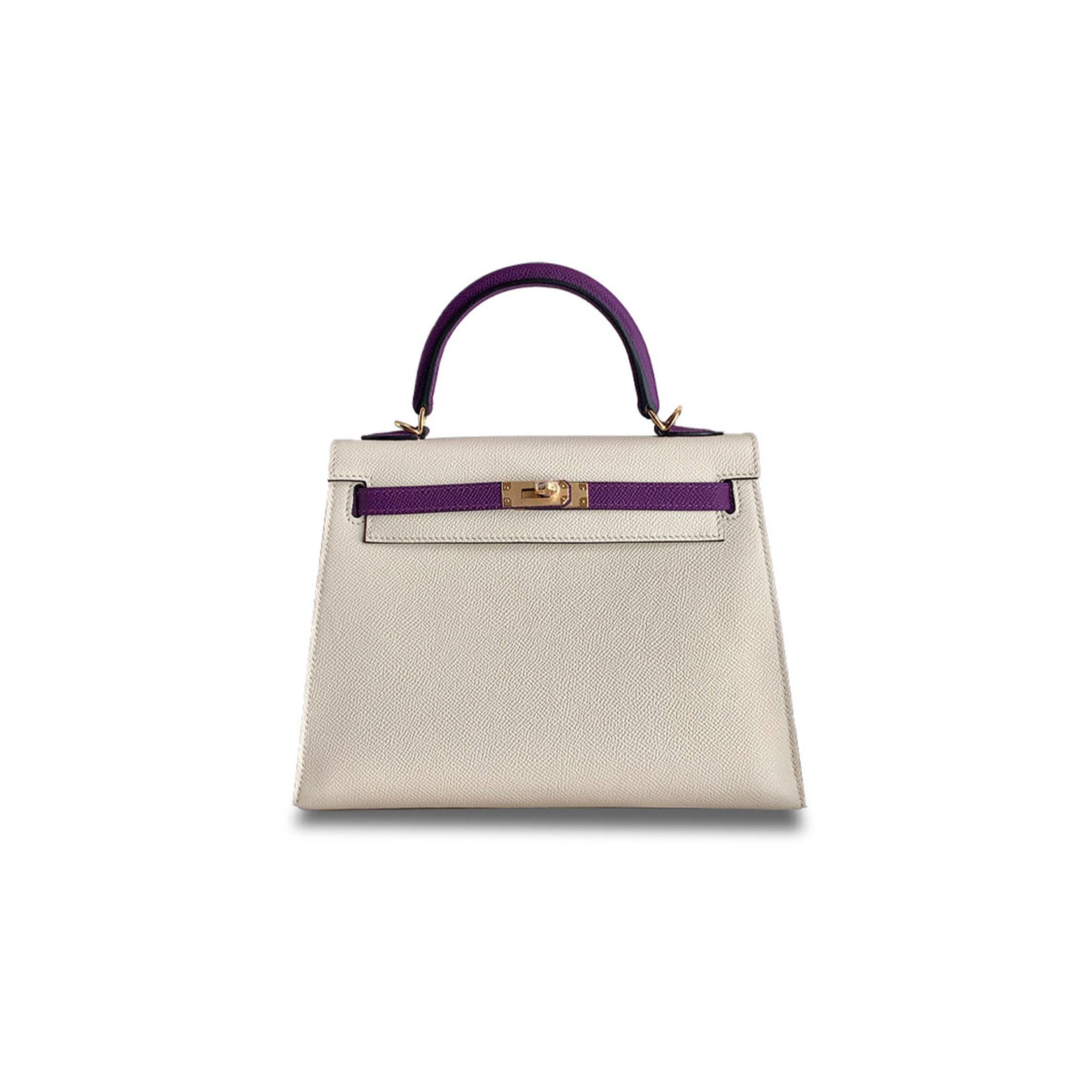 HERMÈS KELLY 25 EPSOM MILKSHAKE WHITE WITH SEA ANEMONE PURPLE GOLD BUCKLE (25*17*7cm) 